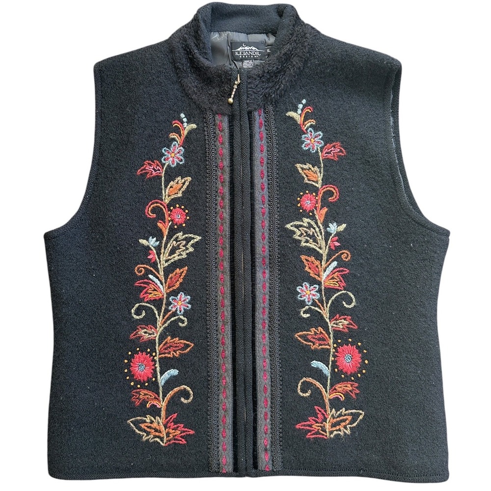 Icelandic Design Floral Embroidered Wool Vest Womens XL Black Zip Up Excellent